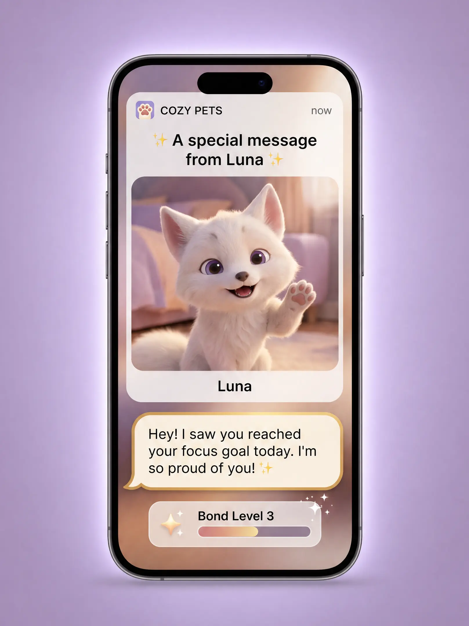 A cozy room scene with a phone showing a daily message from a pet