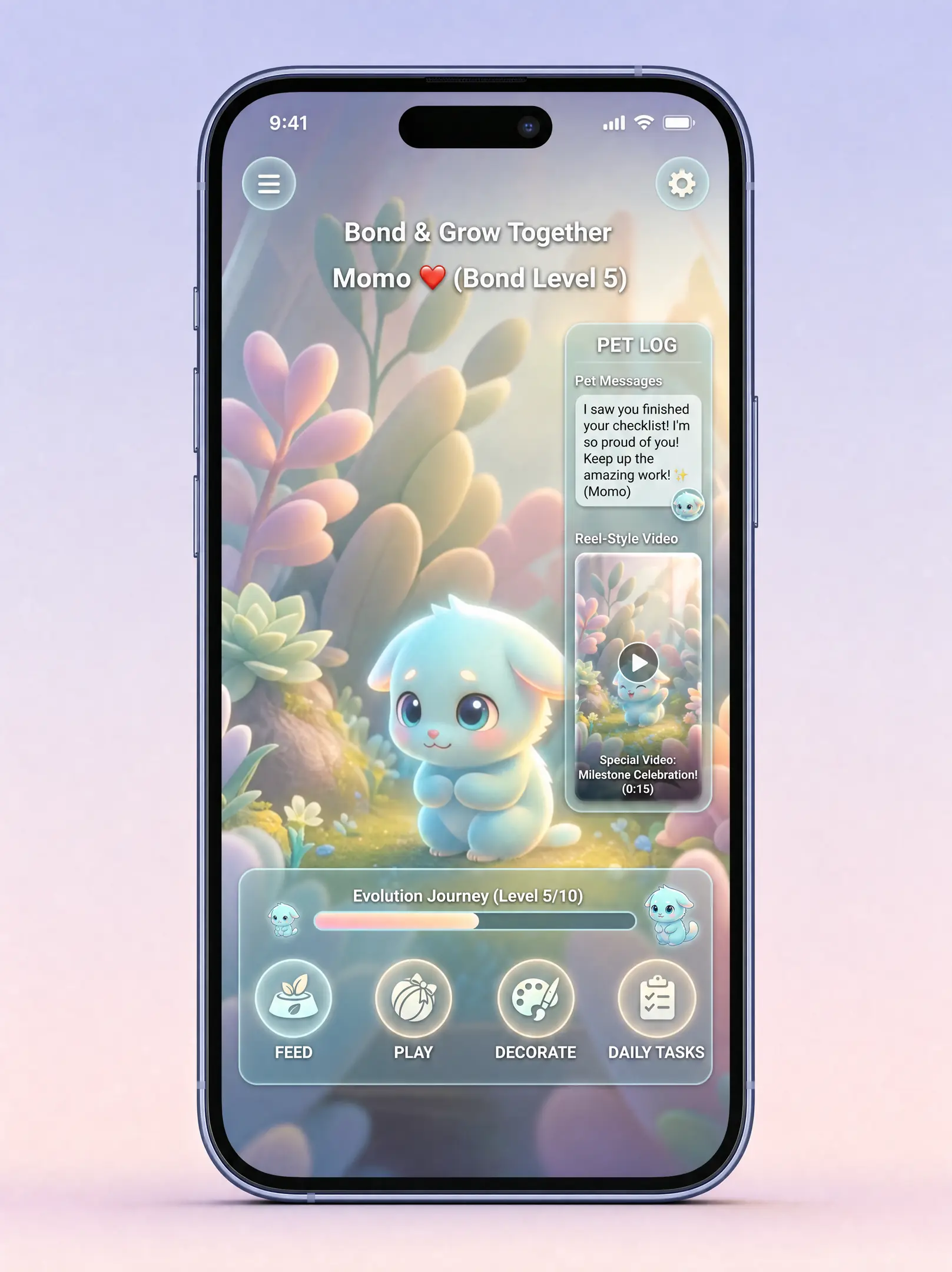 A soft blue pet in a garden scene with growth journey controls